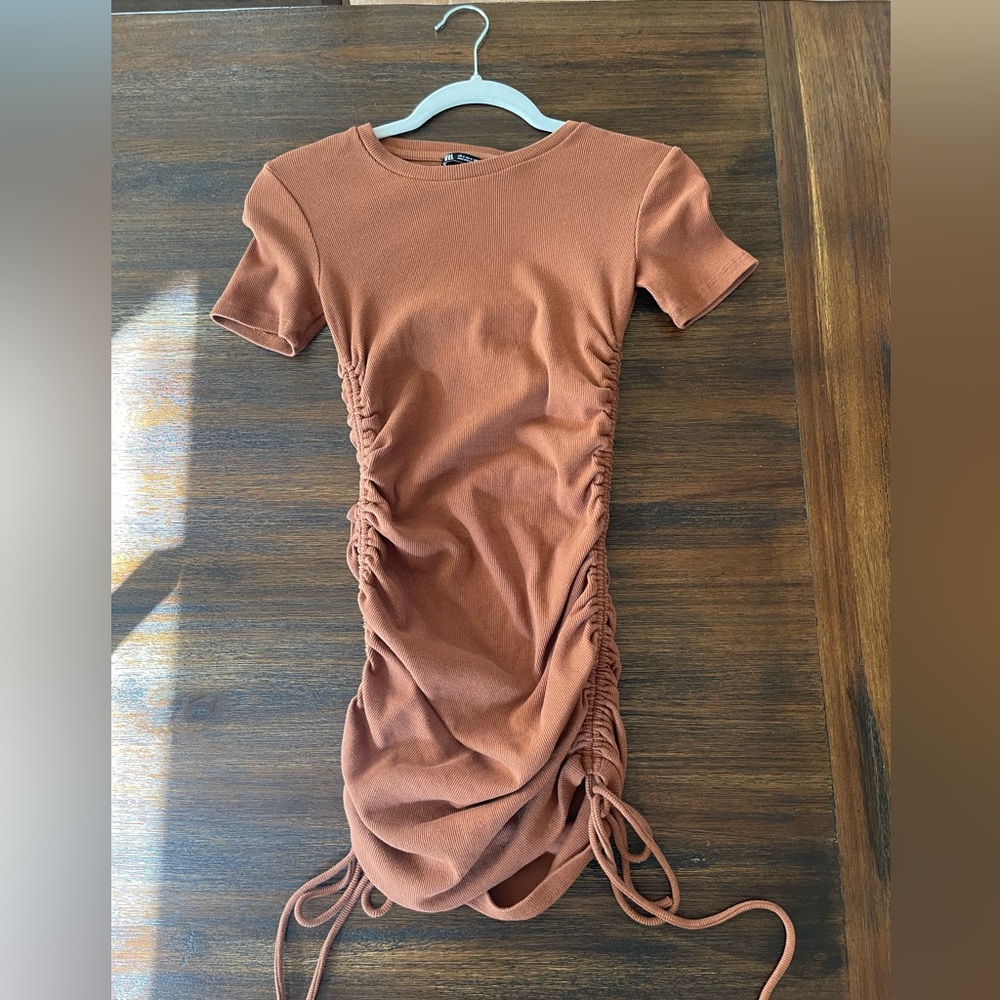 Zara Brown Ruched Ribbed T-Shirt Dress Size Small